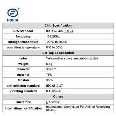 Étiquette d'oreille RFID étanche 134,2 kHz pour le suivi du bétail avec une tension de 350 N et conforme à la norme ISO11784/5