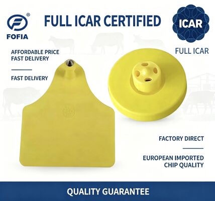 Étiquettes d'oreille pour animaux jaunes, étanches, ICAR ET908 + T905, RFID TPU, FDX-B, 134.2Khz, puces EM4305, pour bovins