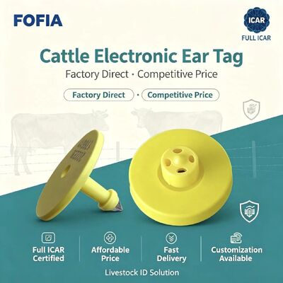 Nouveau plein ICAR RFID imperméable à l'eau TPU étiquettes d'oreille d'animal jaune 14.5 mm EM4305 puces 5 ans de garantie Fofia utilisation de ferme