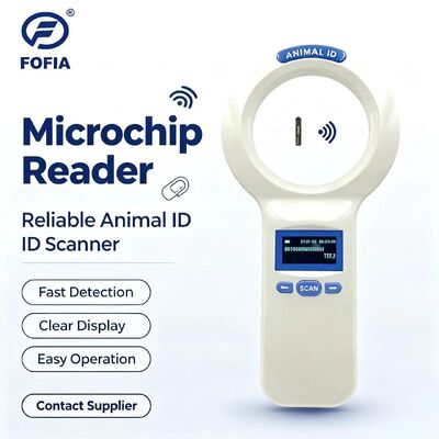 Lecteur RFID portable FOFIA PT200 blanc étanche, écran OLED 128x64, fréquence 134,2 kHz, lecture longue distance