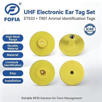 Nouveau RFID électronique UHF imperméable à l'eau TPU 5,7 mm étiquettes d'oreille d'animal jaune ET933+T901 puces 5 ans de garantie Fofia Bétail