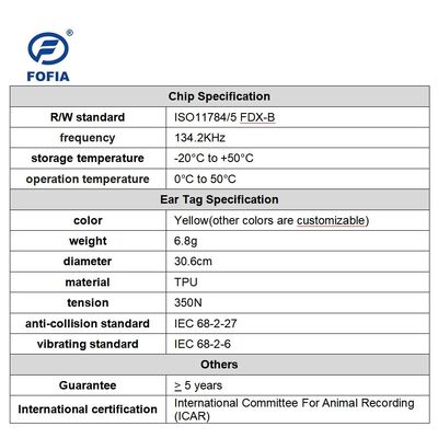 Fofia étanche à l'eau certifié ICAR ET908 jaune RFID TPU étiquette d'oreille de vache de haute qualité garantie 1,5 ans élevage d'animaux