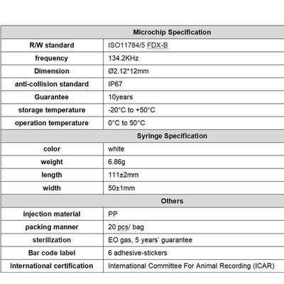 Durable Fofia Nouveau à vendre à chaud RFID 134.2kHz PP Matériel Identifiant de chien Microchips étanches à l'eau Utilisation agricole Injection pour animaux de compagnie 1,5 Année étiquette d'oreille