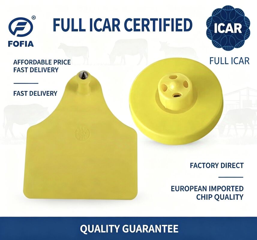 Étiquettes d'oreille pour animaux jaunes, étanches, ICAR ET908 + T905, RFID TPU, FDX-B, 134.2Khz, puces EM4305, pour bovins