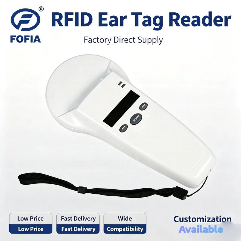 FOFIA Lecteur RFID portable en plastique durable avec écran OLED 128x32 /USB pour l'utilisation à longue distance chez les animaux de compagnie et les fermes/élevages