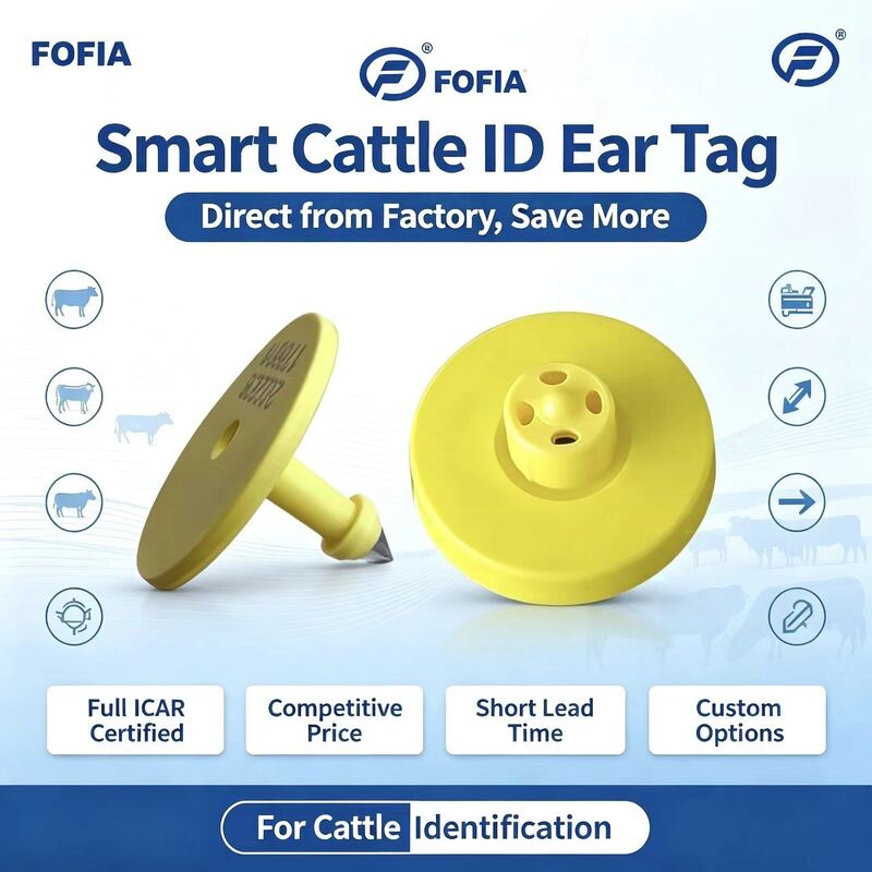 Étiquettes d'oreille pour animaux jaunes, étanches ICAR ET908 + T901, RFID LF TPU, puces EM4305 de 14.5mm, garantie de 5 ans pour bétail Fofia