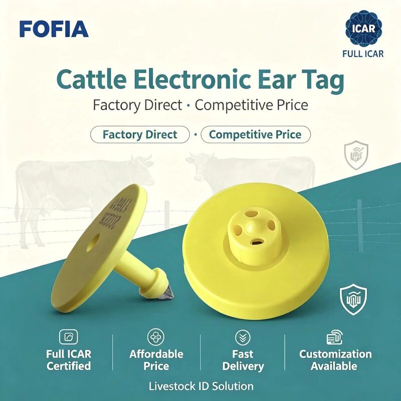 Nouveau plein ICAR RFID imperméable à l'eau TPU étiquettes d'oreille d'animal jaune 14.5 mm EM4305 puces 5 ans de garantie Fofia utilisation de ferme
