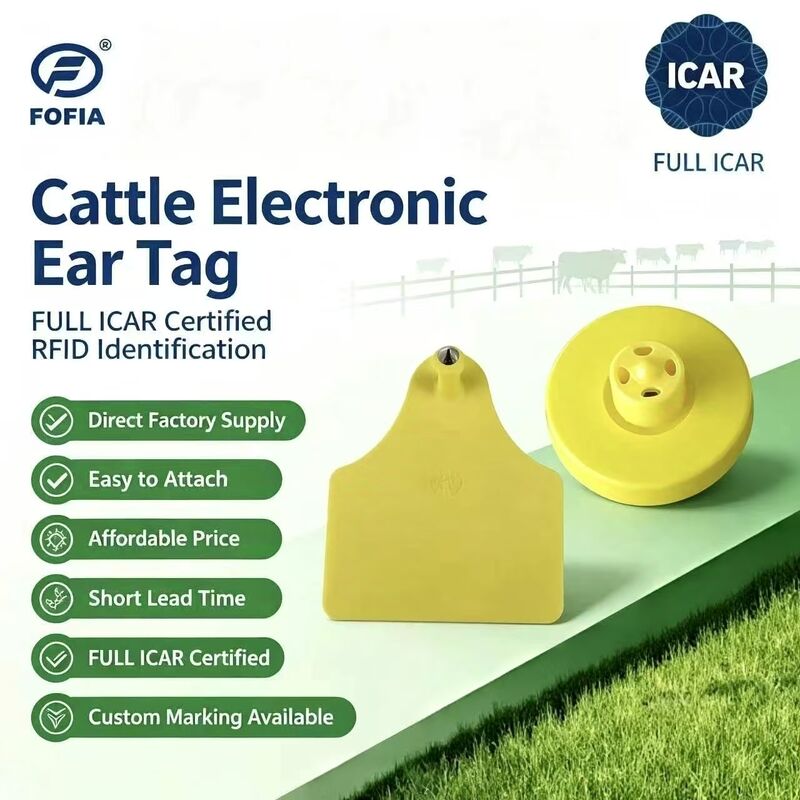 FOFIA Nouveau Full ICAR Durable RFID imperméable à l'eau TPU Étiquettes d'oreille d'animal jaune ET908+T905 EM4305 Puces 5 ans de garantie Bétail 14,5 mm