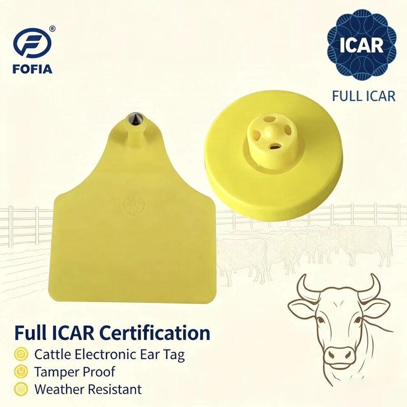 FOFIA Nouveau Full ICAR Durable RFID résistant à l'eau TPU Étiquettes d'oreille jaune LF ET908+T905 Chips de ferme Garantie de 5 ans Bétail 14,5 mm