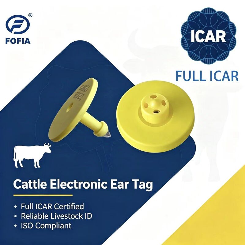 Nouvelles étiquettes auriculaires ICAR ET908+T901 étanches RFID LF TPU Jaune pour animaux 14,5 mm pour bovins avec puce, garantie de 5 ans