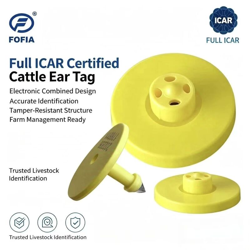 Nouvelles étiquettes d'oreille Fofia Full ICAR ET908+T901 étanches RFID LF TPU Jaune pour animaux 14,5 mm Puces pour bovins et vaches Garantie 5 ans 0,01g