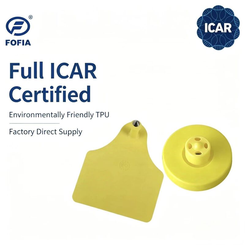 FOFIA Nouvelle étiquette auriculaire RFID LF TPU jaune durable ICAR étanche ET908+T905 puces EM4305 Garantie 5 ans Bovins 14.5mm