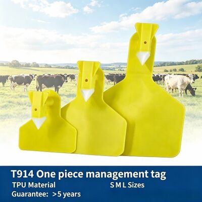 Étiquettes d'oreille en plastique TPU RFID personnalisées jaunes pour bovins, porcs et moutons pour la gestion du bétail | Fofia T914 codées au laser pour l'identification des fermes